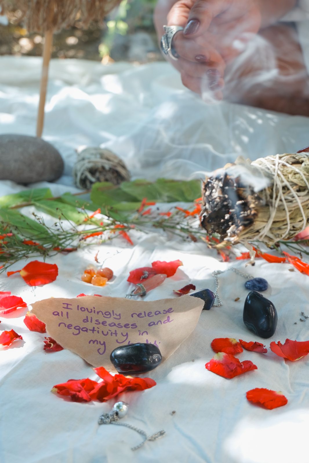 A healing ritual of crystals, sage and intention.